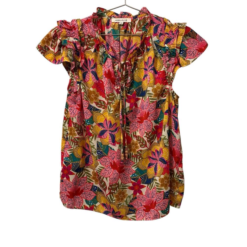 Rose & Olive Vibrant Floral Ruffle Trim Cap Sleeve Top M